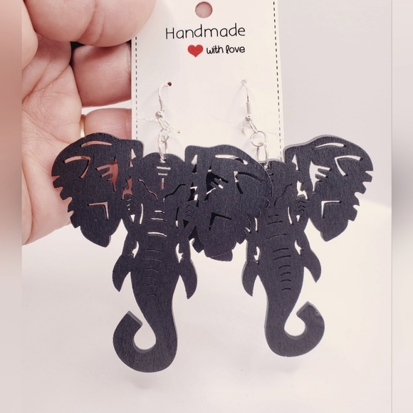 African wooden elephant earrings Black, ethnic, tribal, ecological - Picture 3 of 6